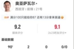 奥亚萨瓦尔本场6射4正进2球 4对抗3成功+2造犯规 获评9.2分